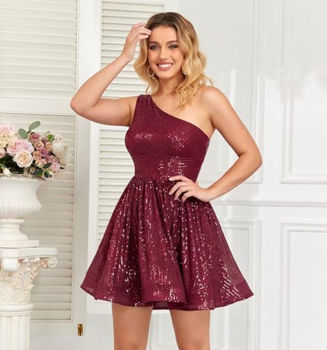 Sukleet Sparkly One Shoulder Homecoming Dresses Short Prom Dress Sequin Mini Cocktail Party Dress3