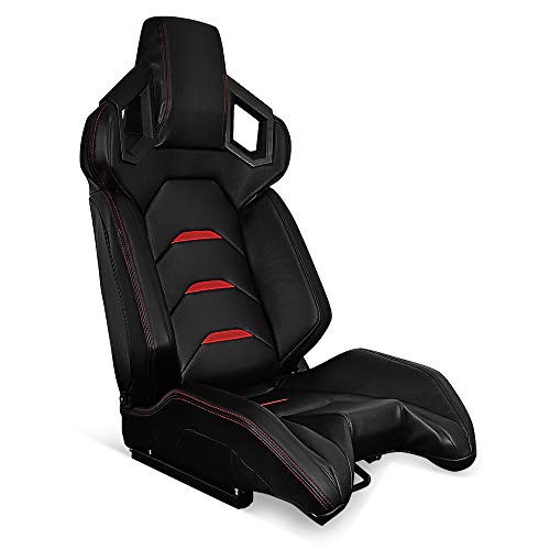 IKON MOTORSPORTS, Universal Racing Seat Right Passenger Side with Dual Slider, Black with Red Stitch Red Stripe PU Leather Reclinable