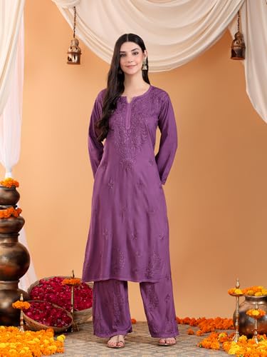 Image of POSHAK CHIKAN STUDIO Women's Hand Embroidered Lucknowi Chikankari Rayon Co-ord Set