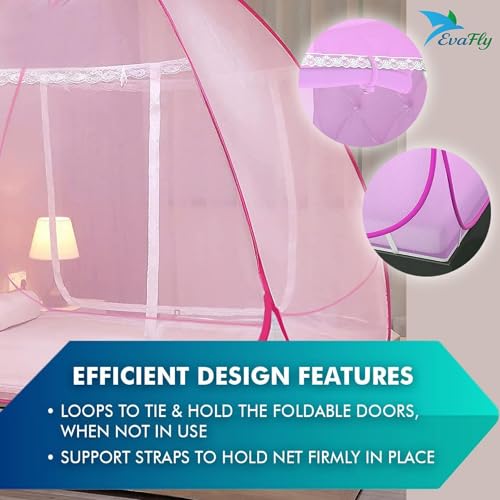 Image of Evafly Mosquito Net for Double Bed | Heart Design (Limited Edition) | King Size Foldable Machardani | Polyester 30GSM Durable Net | PVC Coated Corrosion-Resistant Steel Wire - Full Pink