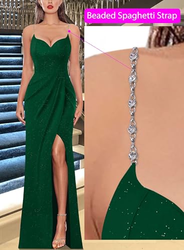 Image of VFSHOW Womens Sexy Formal Ruched Fitted High Slit Bodycon Maxi Dress Spaghetti Strap Sweetheart Cocktail Prom Evening Gown