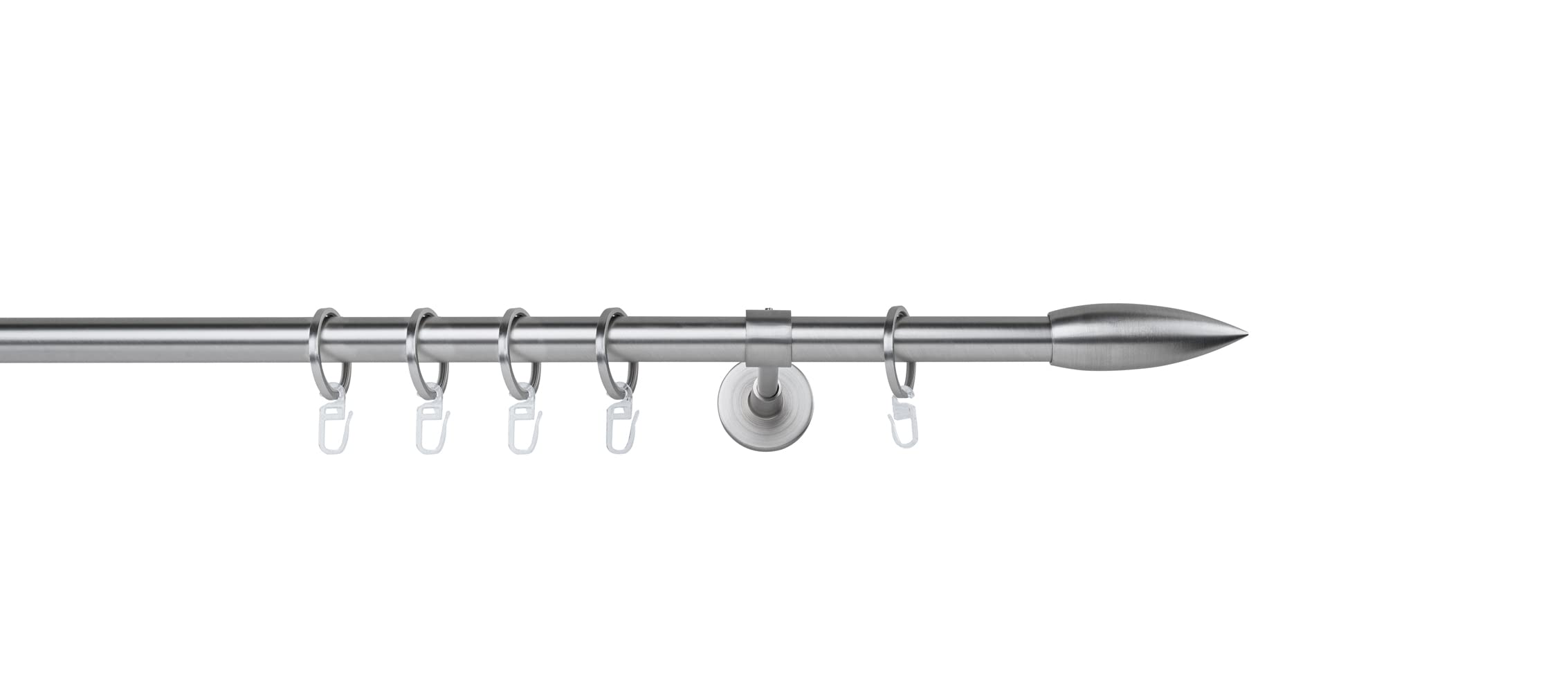 Gardinenstange auf Maß 20mm Patrone 1-lauf Vorhangstange Wandträger Deckenträger 14cm Stilgarnitur mit Ringen für Vorhänge Edelstahl-Optik 130cm