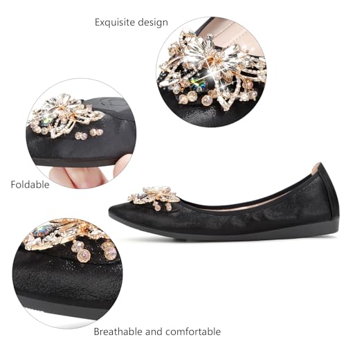 Image of KUNWFNIX Women Ballet Flats Rhinestone Wedding Ballerina Shoes Foldable Sparkly Comfort Slip on Flat Shoes