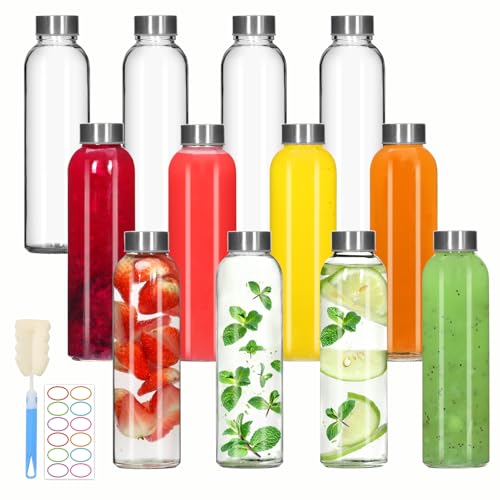 Epica Clear Glass Bottles with Lids, 18oz Resuable Glass Water Bottles for Juicing with Stainless Steel Cap to store Milk, Smoothie, etc., 100% Leak Proof, Durable and Dishwasher Safe (Set of 6)
