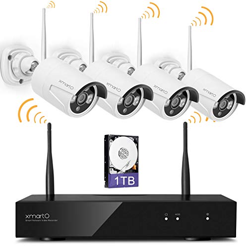 XMARTO Wireless Security Camera System Outdoor, 4pc 960p 1.3MP Night Vision WiFi Surveillance Camera for Home Security, Support Audio, 1080p NVR (Built-in Router, Auto Pair, Mobile View, 1TB HDD)