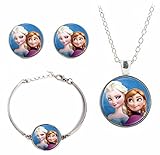 Disney's Princesses Glass Domed Pendant Necklace, Earring, Braclet Jewelry Set (Elsa & Anna)
