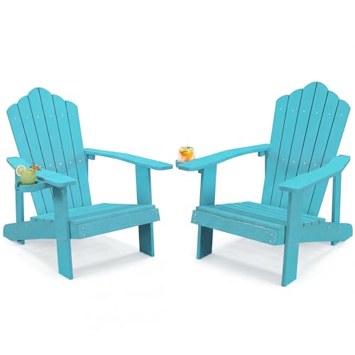 Image of Tangkula Oversized Adirondack Chair, Patio Lounge Chairs w /Adjustable Cup Holder, HIPS Armchairs Slatted Chair, Outdoor Weather Resistant Fire Pit Chair for Deck Backyard Garden Porch (2, Turquoise)