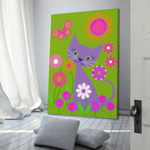 Poster mit lebendigen lila Katze mit grünen Augen, umgeben von bunten Blumen und Schmetterlingen, dekoratives Gemälde, Leinwand, Wandposter und Kunstdruck, moderne Familienschlafzimmer-Dekoration