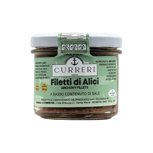 Filetti di Acciughe - Alici di Sciacca, Sicilia "Curreri" | Sott'Olio di Oliva | A basso contenuto di sale | Lavorati a Mano | Vasetto da 110g