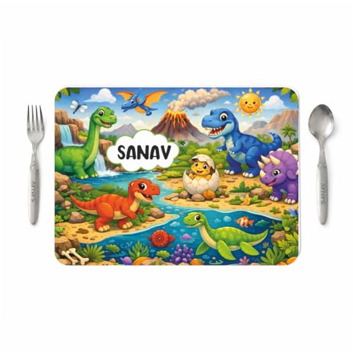 Image of Customized Table Mat with Name & Design Engraving | Personalized Dining Mat with Spoon & Fork | Customized Birthday Gift for Kids (Dino)