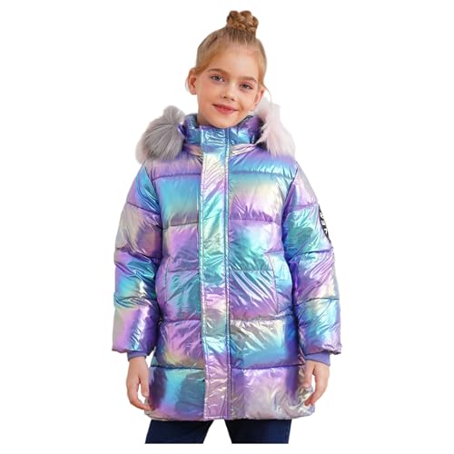 Kids Girls Shiny Medium Long Hooded Puffer Jacket Glitter Metallic Warm Lightweight Winter Coat 5-16 Y2