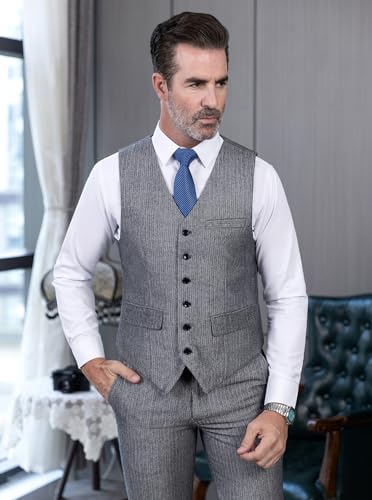 Tuikayoo Mens Herringbone Suits Vests Wool Business Tweed Retro Waistcoats Groomsman Slim Fit(Medium, Navy)4