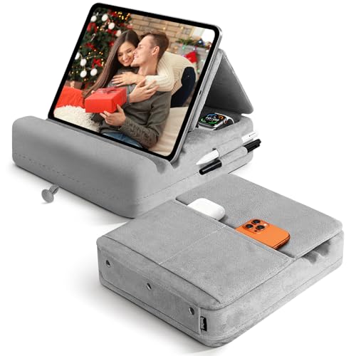 Image of Tablet Pillow Stand with Storage, Foldable iPad Holder for Lep, Bed, Sofa, and Desk - Soft Pad Dock with Pocket and Stylus Mount Compatible with 4-13 inch iPad Pro /Air /Mini, Galaxy Tab, Kindle