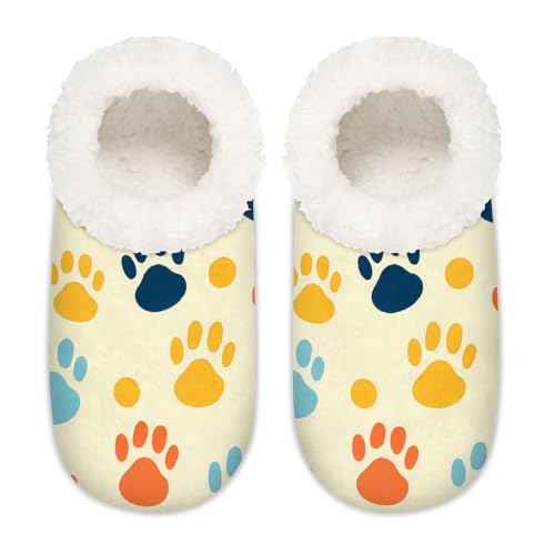 House Slippers for Women Men, Colorful Cat Dog Paw Print Soft Fuzzy House Shoes Home Slipper