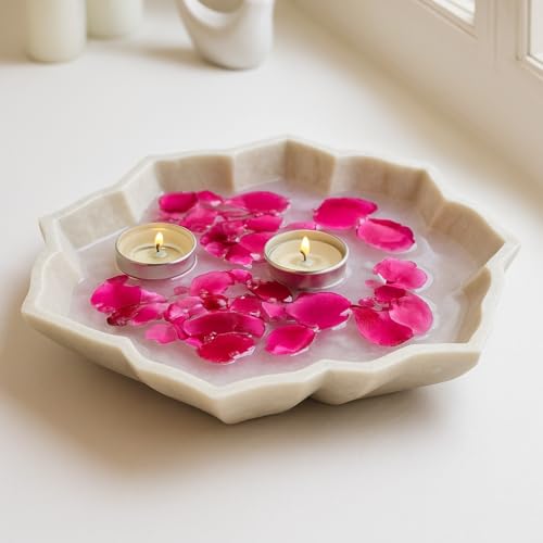 Image of Marble Urli Bowl for Decoration | Big Potpourri Decorative Bowls in Home decor | Large White Floating Flower Plates of Stone | Small Shape puja Item | (9 inch, Petal Glow)