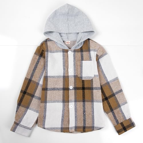 Image of Boys Girls Flannel Shirts Plaid Hoodies Fall Fashion Button Down Shirts | Long Sleeve Shirts Hooded Lightweight Jacket, Perfect for School Mornings, Leaf Piles,Camping, Bonfires, Weekend Adventures