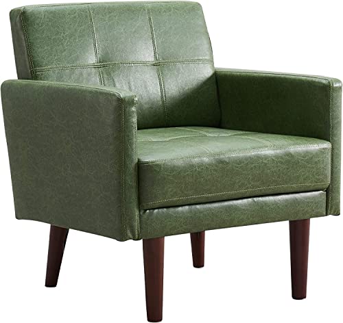 Accent Chairs, Pu Leather Accent Chairs For Living Room With High-Density Foam Cushion, Mid-Century Single Sofa Armchair With Solid Wood Legs Upholstered Reading Chair For Bedroom Home Office(Green) #TOP5