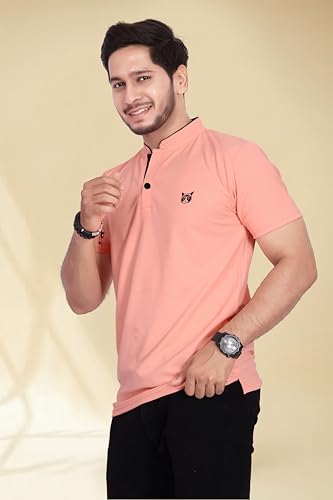 Image of BAGHADBILLO Men's and Boy's Polyster T-Shirt with Mandarin Collared Neck Half Sleeves Closuer Button and Regular Fit | Polo t Shirt for Man