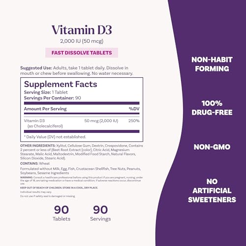 Natrol Fast Dissolve Vitamin D3 2,000 IU, Dietary Supplement for Bone and Joint Health, Bone Support Supplement, 90 Tablets, 90 Day Supply