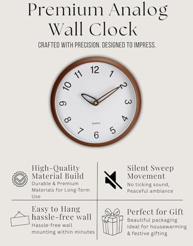 Image of WHISKET - 12 Inch | Radium Silent Sweep Clock | Glow in Dark Clock, Classic Analog Silent Movement, Elegant Design for Drawing Living Room& Bedroom, Office. (MATT Brown)