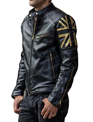 Fancyd Union Jack UK FLAG Cafe Racer Vintage Men Yellow/Black Motorcycle Biker Leather Jacket - cafe racer jacket