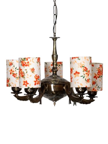 Image of Devansh 05-Light Round Printed Multicolor Cotton Shade Chandelier - Antique Golden Finish | Adjustable Cord | Warm Glow Lamp - Ceiling Light for Living Room, Dining Area, BedroomDecor - D16