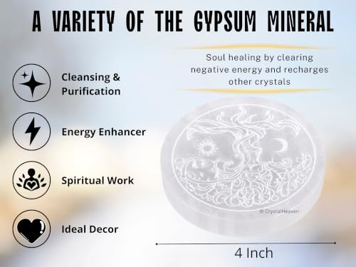 Image of Certified Selenite Crystal Charging Plate, 4 Inch Engraved Tree of Life Selenite Plate for Crystal Cleansing Re-Energy Work, Meditation and Pooja