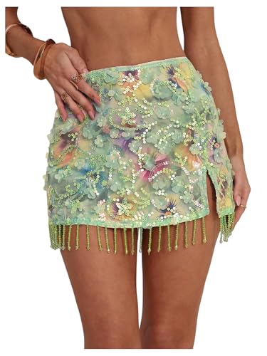 MakeMeChic Womens Sequin Mini Skirt Y2K Sparkly Micro Pencil Skirt Mint Green Medium