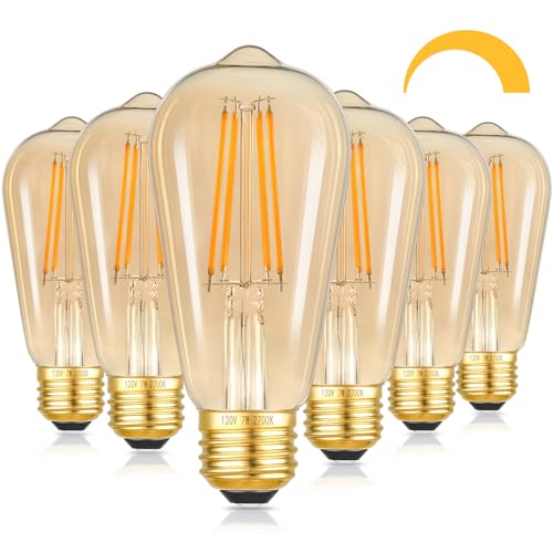 Image of Kondras 7W Dimmable LED Light Bulbs, 60Watt Equivalent Edison Bulbs, ST58 Amber Glass Vintage LED Bulbs, Warm White 2700K, E26 Base, CRI 90+, 25000+ Hours, Great Decorative Bulb for Commercial, 6-Pack