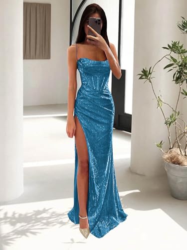 Women's Cowl Neck Glitter Sequin Prom Dresses Ruched Mermaid Corset Formal Dresses Evening Gowns with Slit2