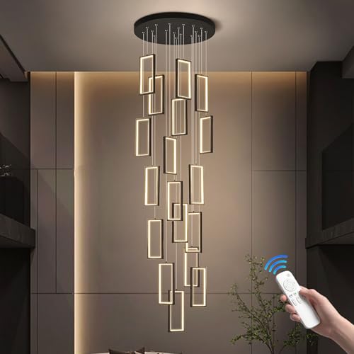 Lámpara de Techo LED Moderna Regulable para techos Altos, 12/15/18 Luces, Ajustable, 300 cm, con Mando a Distancia - Elegante luminaria para escaleras y vestíbulos (Negro, 215 W)
