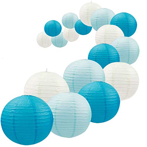 Uniqooo 18Pcs Ocean Blue Paper Lantern Wedding Party Decoration Set, Hanging Japanese Lantern Decor Supply, Easy Assemble, For Home Outdoor Baby Bridal Shower, Birthday Favor Supply, Assorted Sizes #TOP14