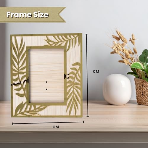 Image of Rectangle Photo Frame | Wooden Decorative Picture Frame with Leaf Laser Cut Border & Clear Acrylic Front | Wall & Tabletop Display | Premium Home Decor & Gift