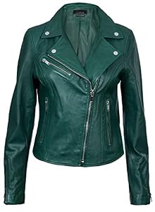 Veste en Cuir Vert pour Dames de Style Classique pour Motards 2XL