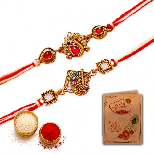 Image of Rakhi For Brother | Elegant Kundan Gold Plated Metal Rakhis For Brother Bhai Rakhi With Roli Chawal and Greeting Card (Set of 2 Rakhis)