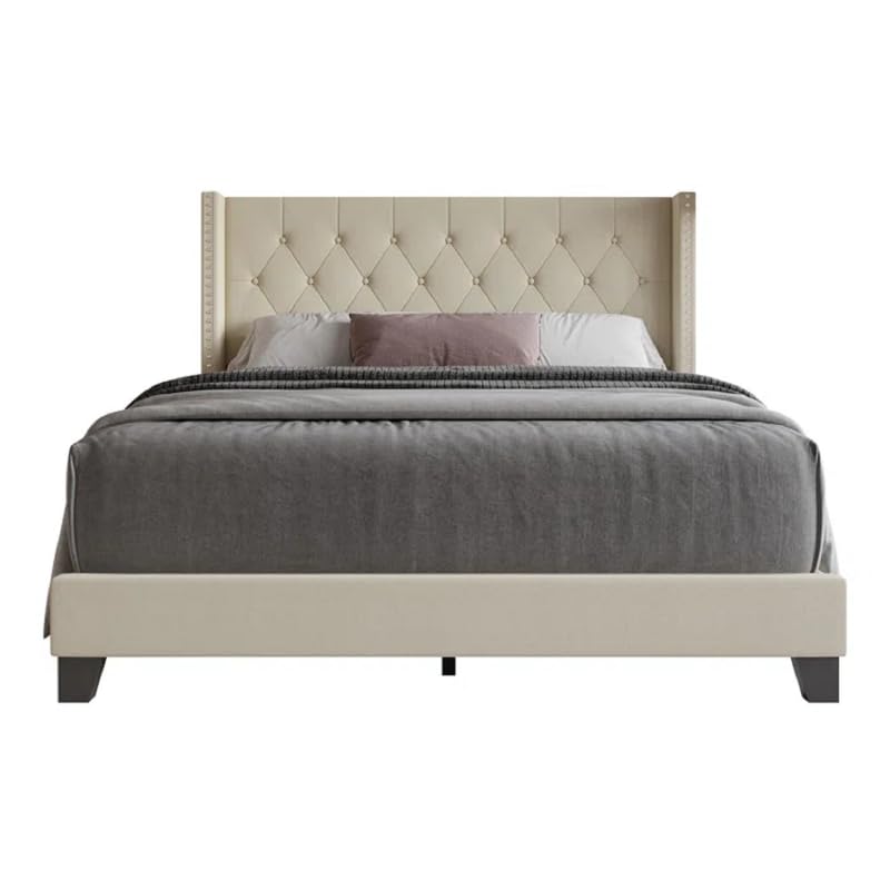 Image of HITHOS Solid Wood Modern Upholstered King Size Bed with Tufted Headboard and Without Storage | Wooden Double Bed Cot Furniture for Home Hotel Bedroom Living Room (Beige) 1 Year Warranty
