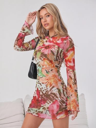 Image of Milumia Women's Leopard Print Mini Dress Y2k Bell Long Sleeve Short Dresses