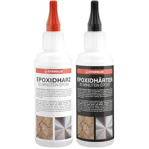 Everglue 2K 30-Minuten-Epoxy Epoxidharz transparent und hitzebeständig zum Kleben und Versiegeln von Metall Kunststoff Keramik Glas Holz CfK Carbon GfK Glasfaser Marmor Beton Styropor