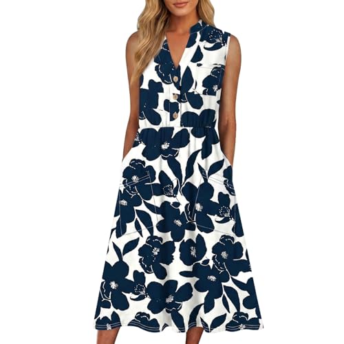 Image of Women Casual Dress Summer Stripe Button V Neck Sleeveless with Pocket Long Dresses Holiday Beach Party Midi Dress