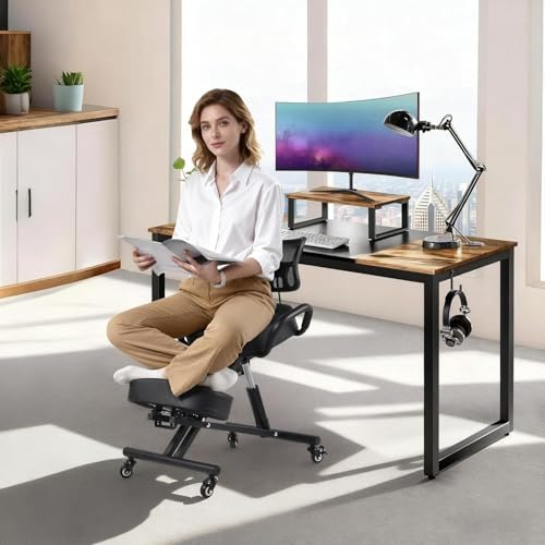 Image of Ergonomic Kneeling Chair with Back Support, Height Adjustable Stool for Home and Office, PU Kneeling Chair for Desk to Relieve Back Discomfort, Thick Moulded Foam Cushions Brake Casters