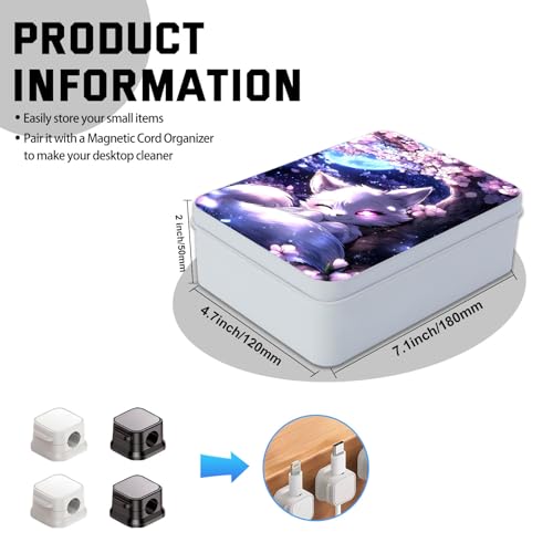 Image of Metal Tin Box with Lid,Multi-functional Storage Large Box Can Store Tea Biscuits Game Cards, Playing & Tarot Cards-Comes with 4 Magnetic Cord Clips,White Fox Cherry Tree