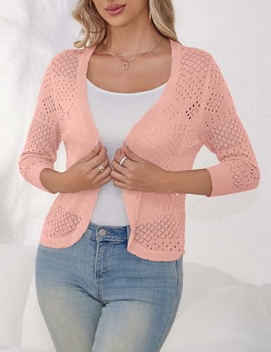 Image of REDHOTYPE Women's 3 /4 Sleeve Cardigan Open Front Cropped Shrugs Summer Hollowed Lightweight Cardigans Sweater (S-XL)