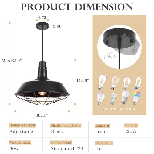 Black Farmhouse Pendant Light, 18.1 Inch Large Pendant Lights Kitchen Island, Industrial Pendant Light with Wire Cage, Barn Light 1 Pack, Island Pendant Lights for Kitchen Barn Dining Room - Image 4