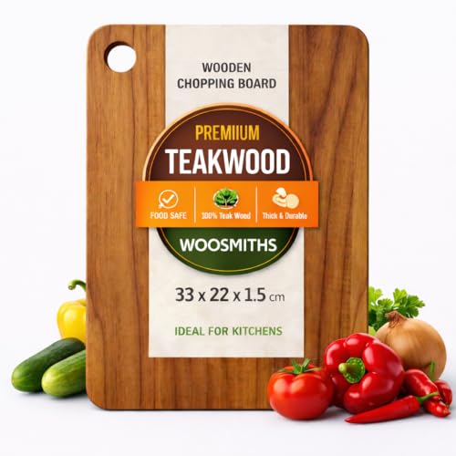 Image of Teak Wood Chopping Board Medium 33 x 22 cm Solid Wooden Cutting Board for Kitchen Durable Food Safe Board for Vegetables Meat Fruits Easy to Clean Long Lasting Teak Board