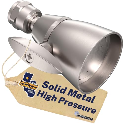 Image of HammerHead Showers SOLID METAL 2 Inch High Pressure Shower Heads BRUSHED NICKEL - California Compliant 1.75 GPM Low Flow Rate - High Flow Shower Head with ADJUSTABLE SPRAY PATTERN - Fixed Shower Head