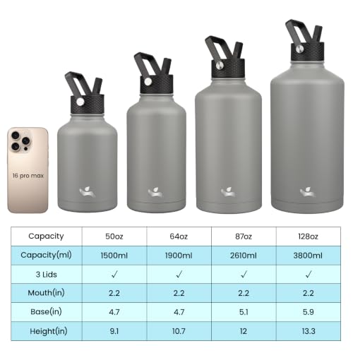 Image of Konokyo Insulated Water Bottle with Straw,50 oz 3 Lids Water Jug with Carrying Bag,Paracord Handle,Double Wall Vacuum Stainless Steel Metal Flask,Gray