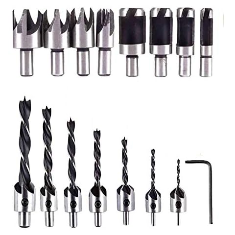 15pcs Countersink Drill Bit Set for Wood Door Window Cabine Include 8pcs Wood Plug Cutter Tool Drill Bits,7pcs Three Pointed Drill Bit Cover
