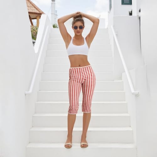 Women's Gingham Capri Pants Elastic Waisted Mid Rise Vintage Plaid Pants Skinny Leggings Cropped Trousers2