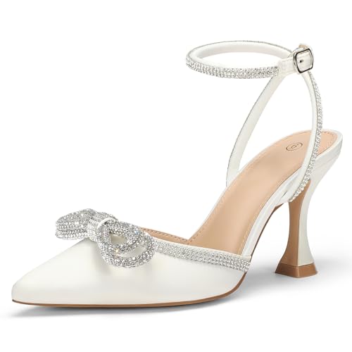 mysoft Women's Rhinestone Bow Pumps Wedding Dress Shoes Pointed Toe Ankle Strap Kitten Heels White...