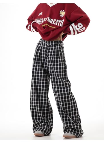 Pooyikoi Women Pants Casual Retro Mid-Waist Wide Leg Straight Leg Pants Casual Hip Hop Fashion Gingham Pant Streetwear3